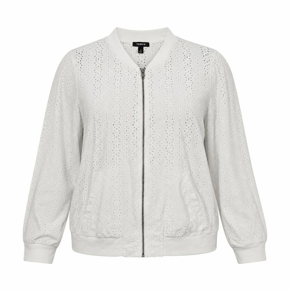Torrid Jacket Womens 2 White Full Zip Eyelet Ribbed Bomber Sheer Cottagecore